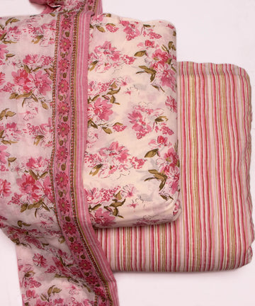 Off White Floral Print Cotton Suit